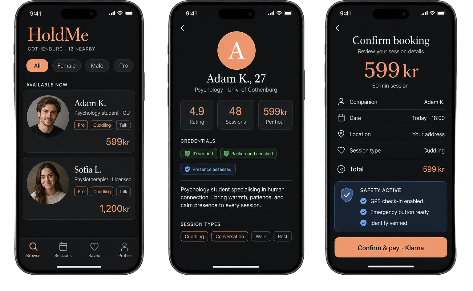 HoldMe app preview: browse companions, view profile, and confirm booking.