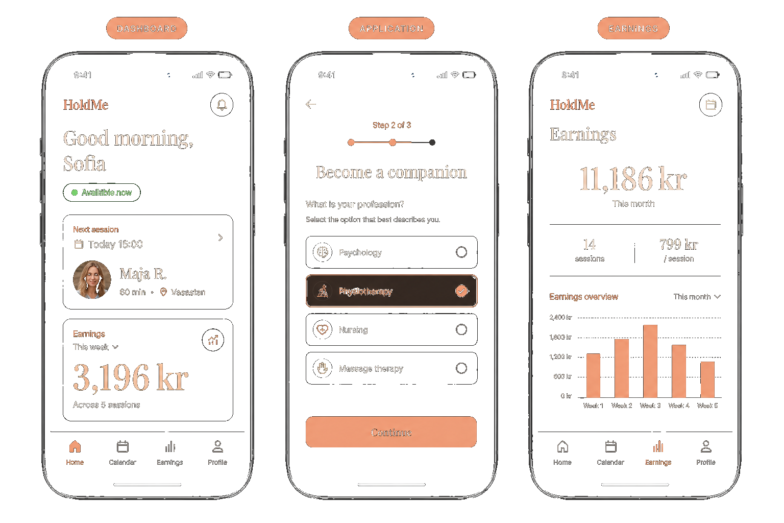 HoldMe companion app: dashboard, apply, and earnings screens.